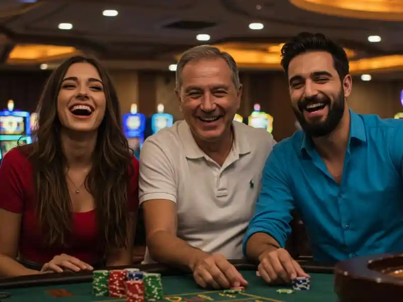 excited friends cheering during roulette game while logging in to sport plus login platform, celebrating big win together