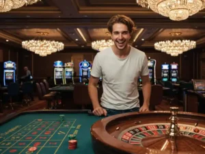 happy man and friends playing a round of poker together, enjoying the game on sport plus login platform