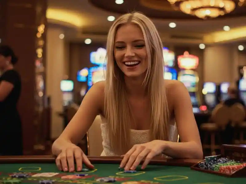 excited woman holding blackjack cards and celebrating a win while playing tongits war apk online on her device