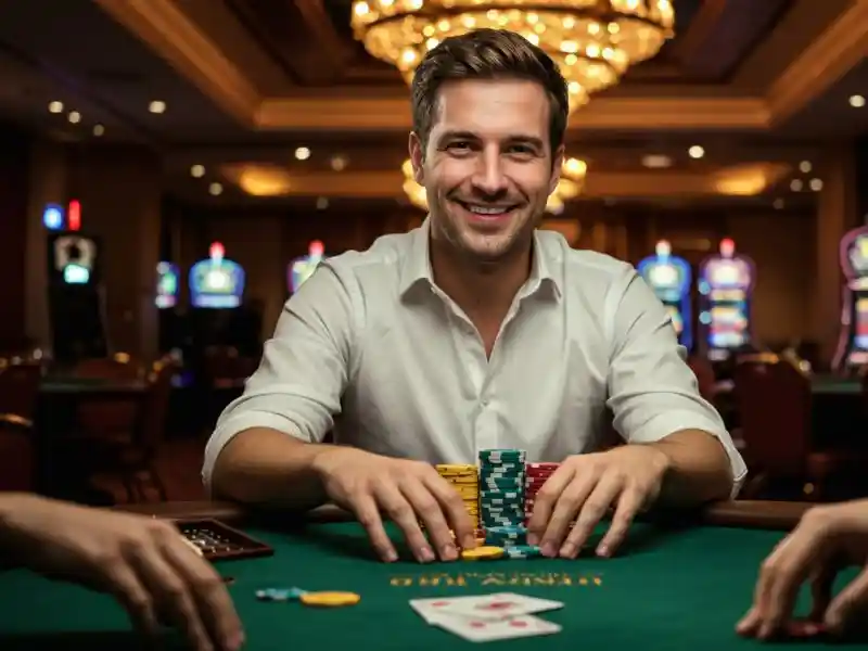 smiling man holding a stack of chips while playing cards on tongits war apk online, enjoying the game excitement