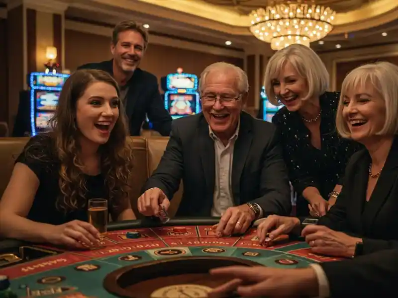 cheerful man standing beside slot machine while enjoying games at winfinity casino platform