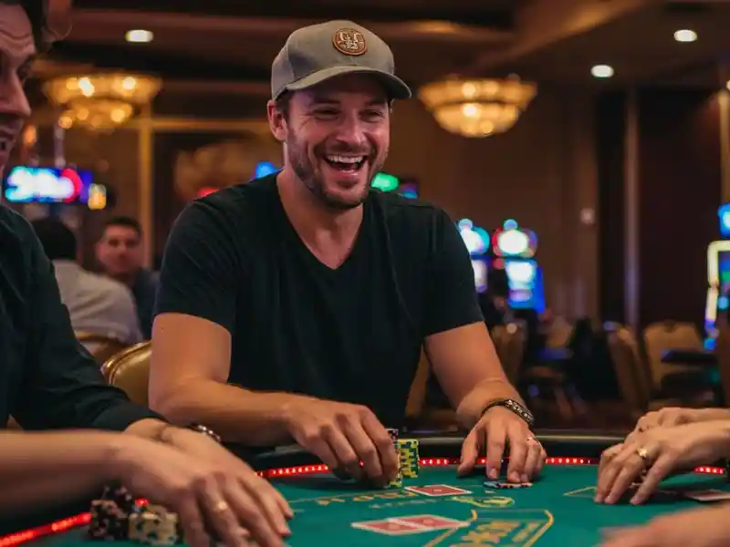 happy man with friends playing poker night at winfinity casino platform, enjoying cards and chips together