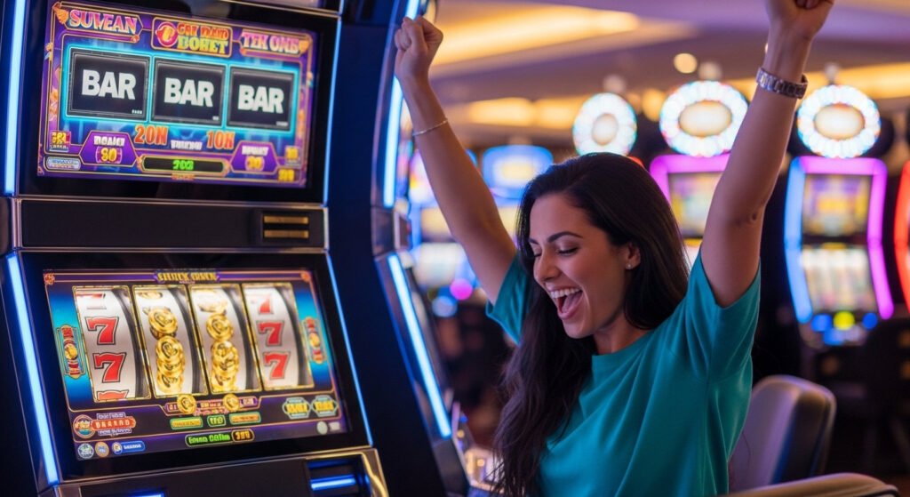 lucky 88 woman cheering on slot machine