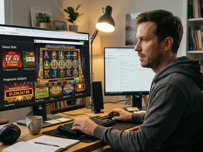 Person playing online slot games on a desktop computer at Ace Game Casino