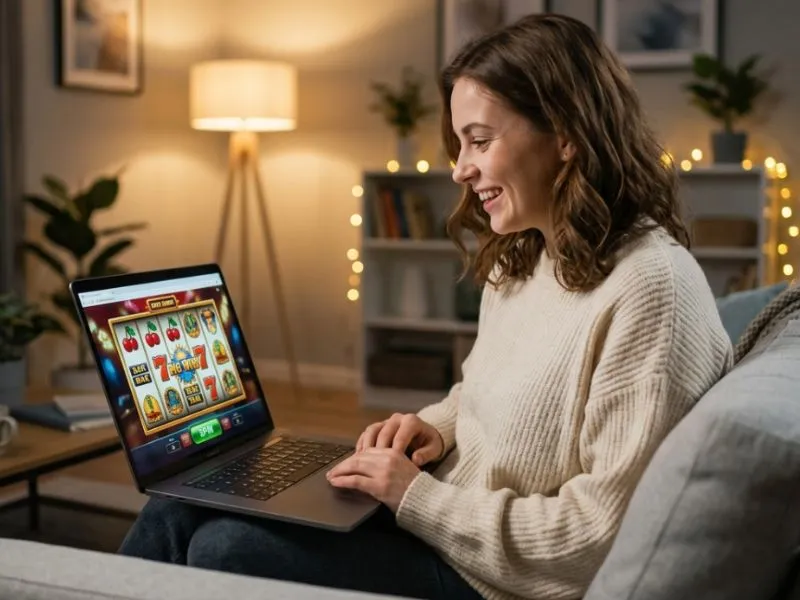 Buenas Ph Young adult enjoying online slots on a laptop at home, playing on Ace Game Casino