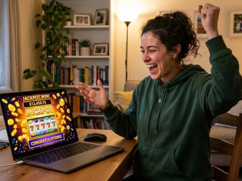 Person celebrating a big online slot win on their laptop at Ace Game Casino