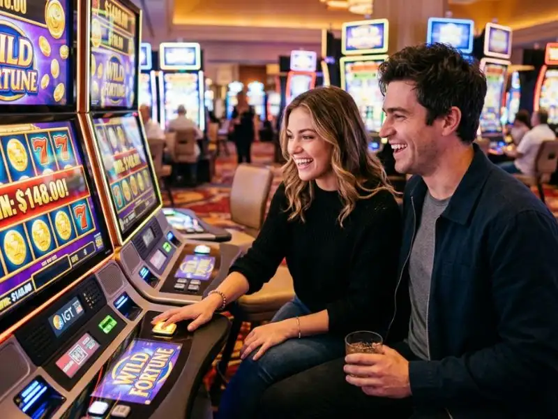 Young couple playing slot games together in a casino enjoying a fachai free 100 bonus