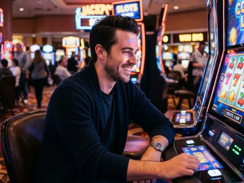 Young man playing a slot machine in a casino using Fachai free 100 bonus
