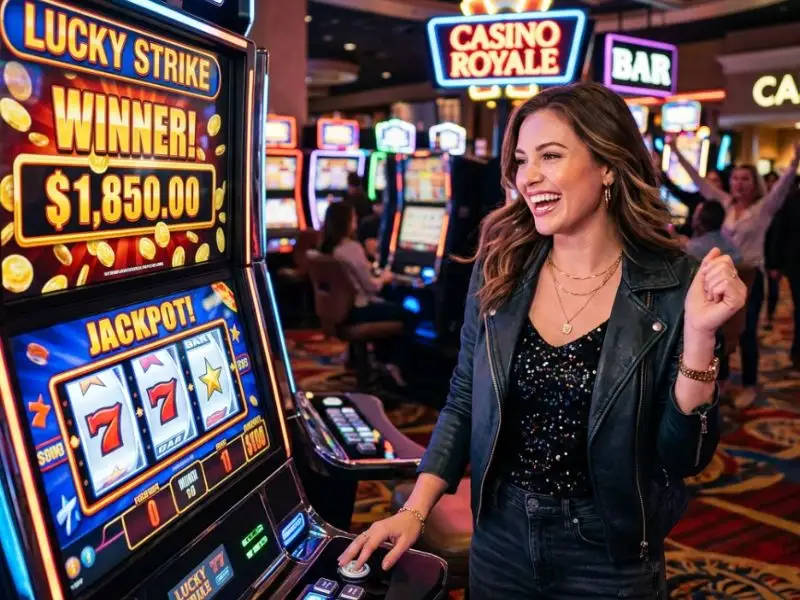 Young woman celebrating a slot machine win using Fachai free 100 bonus in a realistic casino setting
