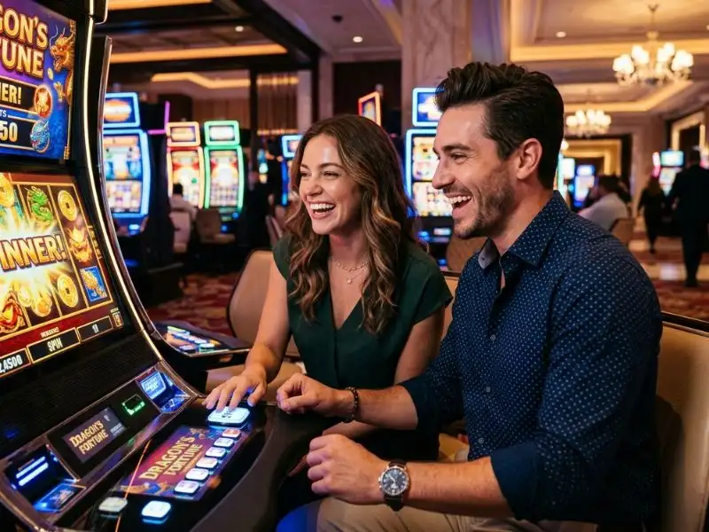 Buenas ph Young couple enjoying a slot machine win with fachai free 100 bonus in a lively casino setting
