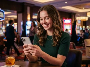 Young woman installing the FC178 app on her iPhone, enjoying online casino games