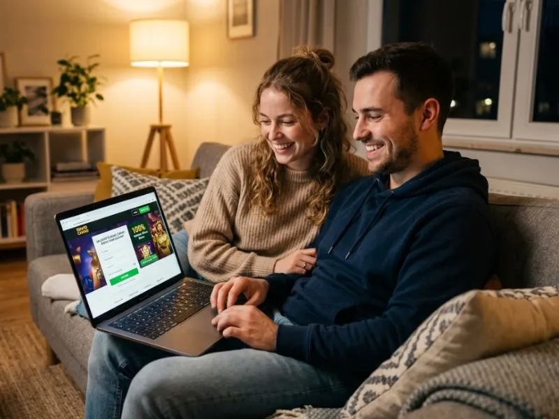 Couple using laptop to fc178 register at home online casino