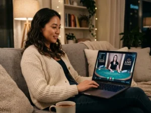 Woman playing blackjack online at home, demonstrating how to fc178 register for live dealer games