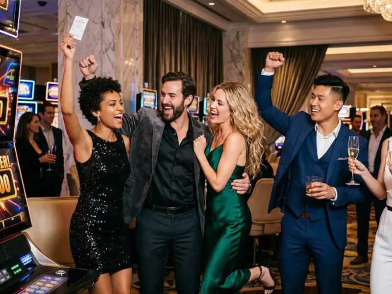 Friends celebrating a jackpot win at a casino with excitement, playing on fortune edge gaming machines