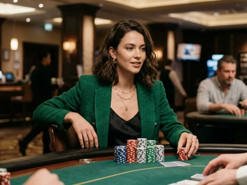 Buenas Ph Young woman sitting at poker table with chips playing at Fortune Edge Gaming