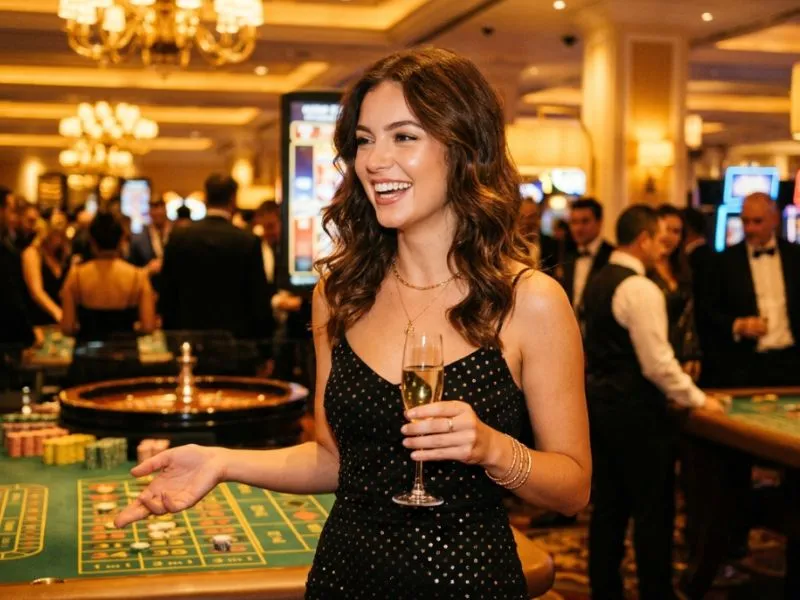 Fortune Edge Gaming woman enjoying a casino night under golden lights, celebrating big wins