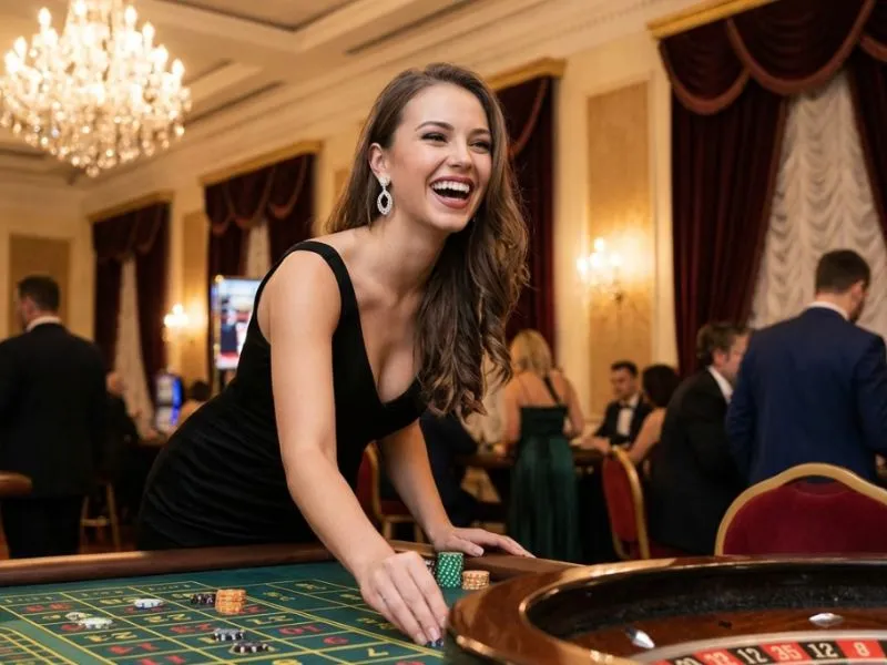 Happy woman placing roulette bets while playing Fortune Gems 2 casino game