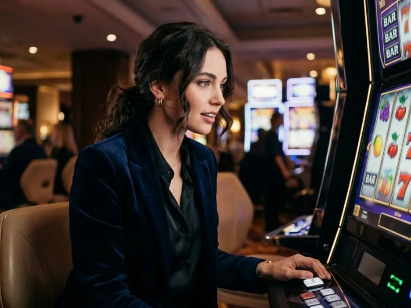Elegant lady watching slot reels spin in fortune gems demo game interface