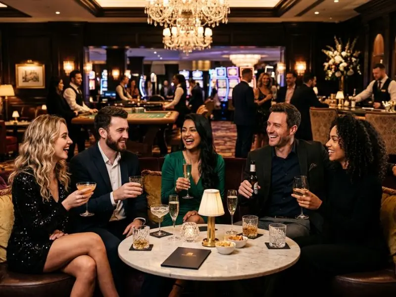 Fortune gems demo friends enjoying a luxurious casino lounge with vibrant gaming atmosphere