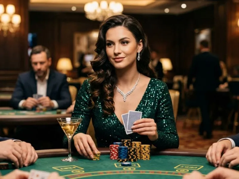 Fortune gems demo glamorous woman sitting at a poker table with casino chips and cards