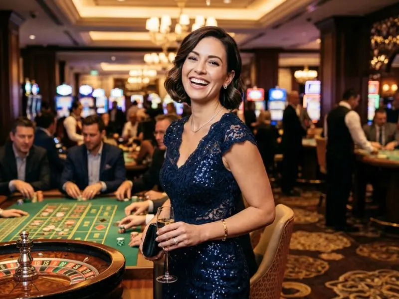 Buenas Ph Elegant woman smiling while playing a fruit game slot machine in a casino
