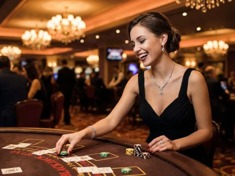 Happy woman placing a bet at a blackjack table under gambling law Philippines regulations