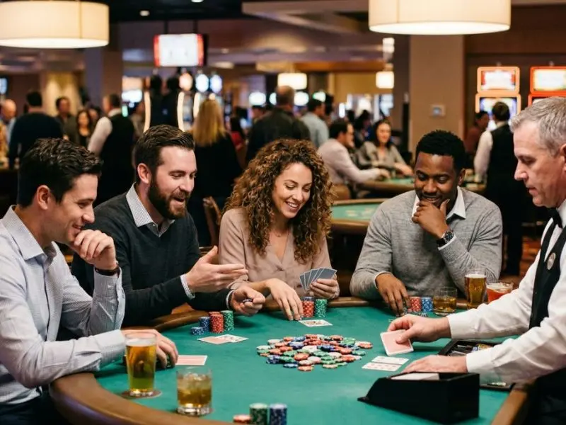 Illegal gambling law Philippines concept showing friends playing poker at night in a private setting