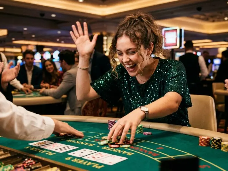 Buenas Ph Woman celebrating a big win at a baccarat table, representing legit online casinos