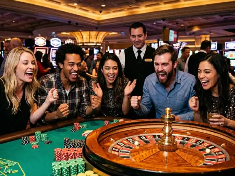 Lucky neko 777 cat with excited friends watching a spinning roulette wheel in a lively casino scene