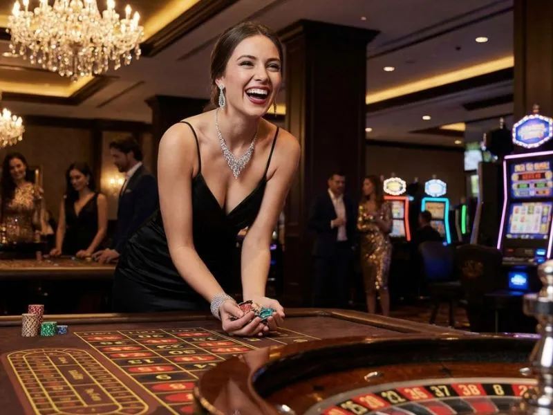 Lucky neko 777 woman placing all-in bets at a roulette table for a big win
