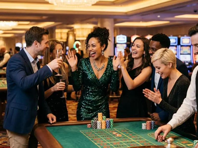 Lucky Neko woman celebrating casino win with friends at table game