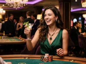 Lucky Neko woman enjoying luxury casino ambience with cocktail and chips