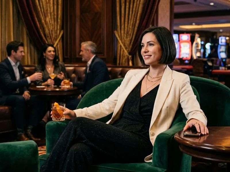 Woman relaxing in the lucky888 lobby of an upscale casino gaming lounge
