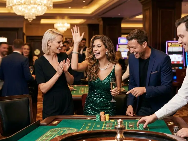 Player celebrating a big win with friends at a table game - mobile casino