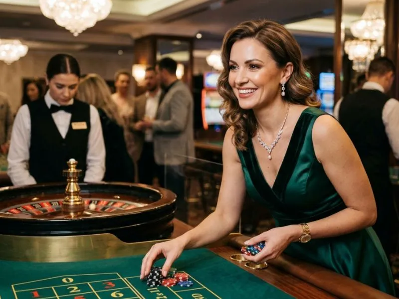 Player smiling while holding chips at a roulette table - mobile casino