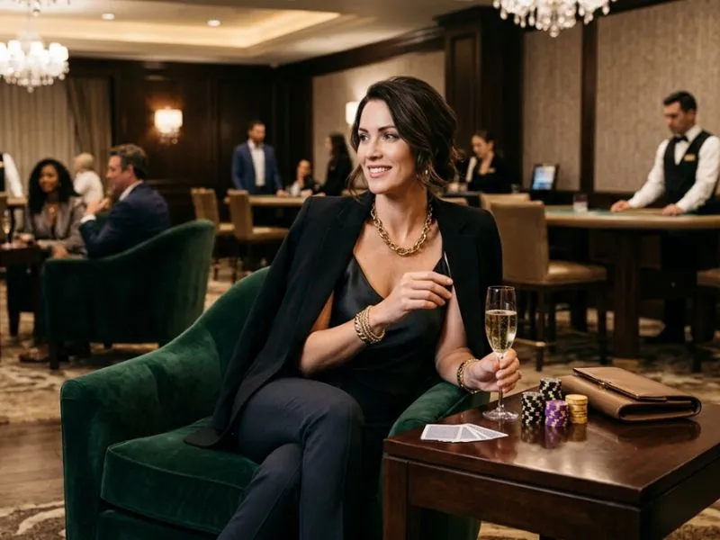 Stylish lady relaxing in an upscale lounge while enjoying the ambience - mobile casino