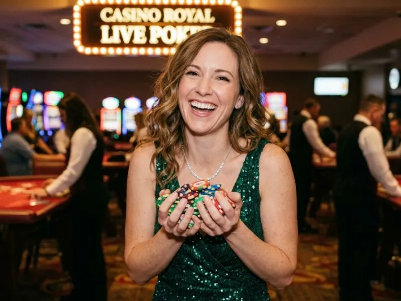 Cheerful woman posing with casino chips at ph fun casino