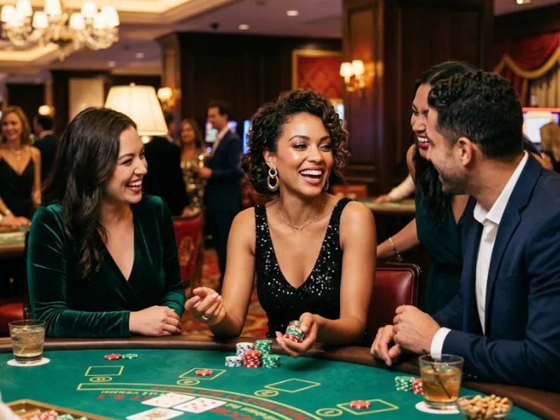 PH Spin Casino lady enjoying casino night with friends and chips