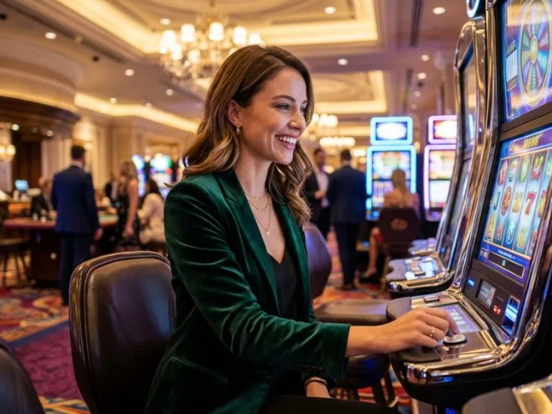Buenas Ph Happy woman smiling while playing slots inside a luxury casino at PH Spin Casino