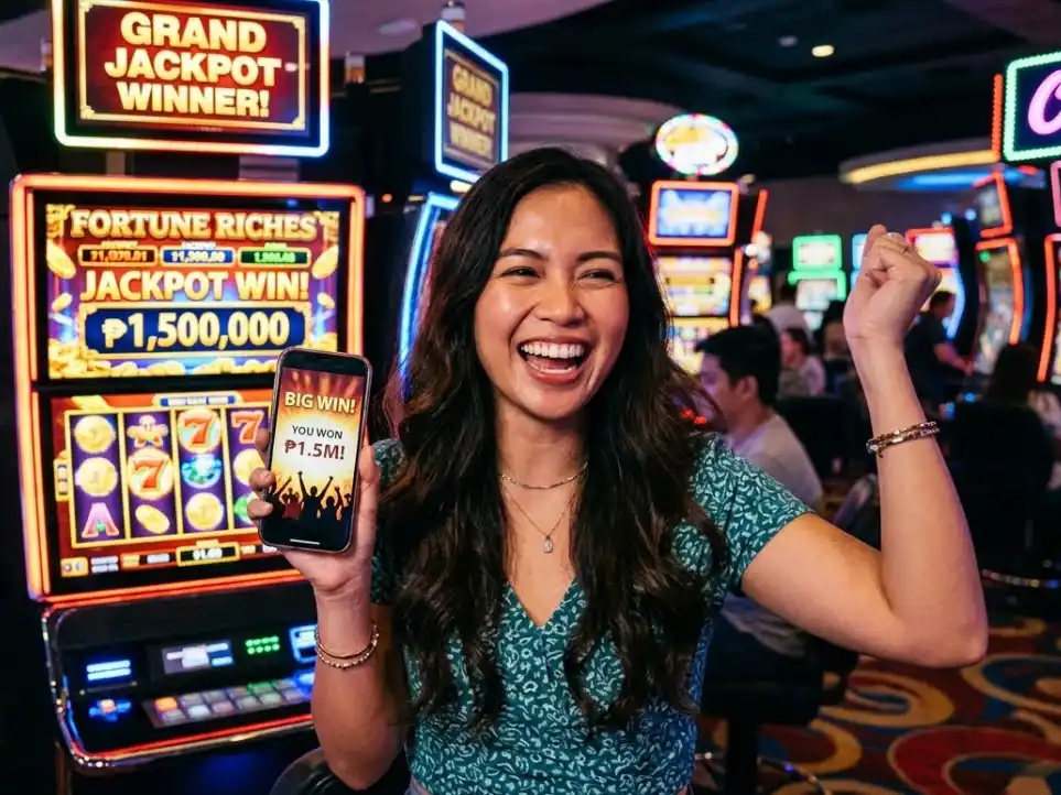 Woman celebrating a big win at Spintime Casino GCash on her smartphone