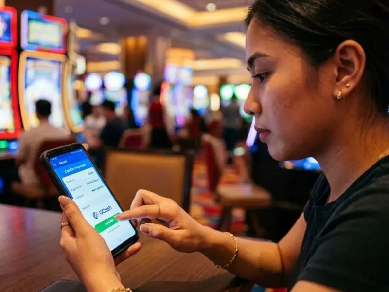 Woman depositing funds on Spintime Casino GCash app using her smartphone
