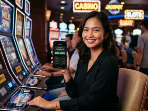 Woman holding a smartphone showing a digital wallet app for Spintime Casino GCash