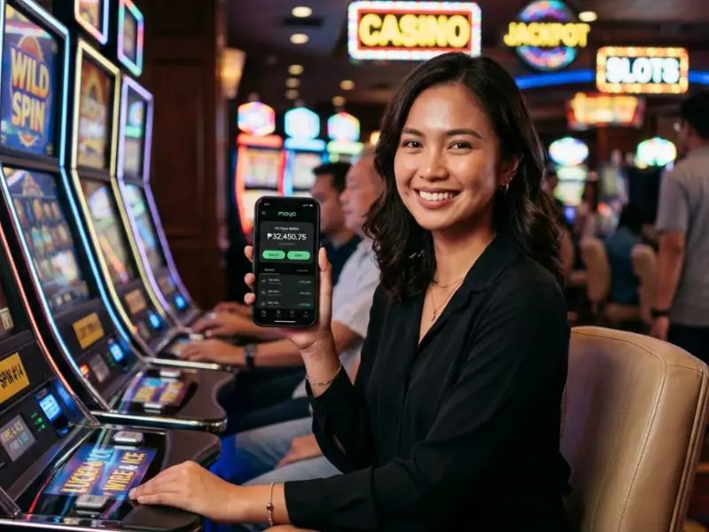 Woman holding a smartphone showing a digital wallet app for Spintime Casino GCash