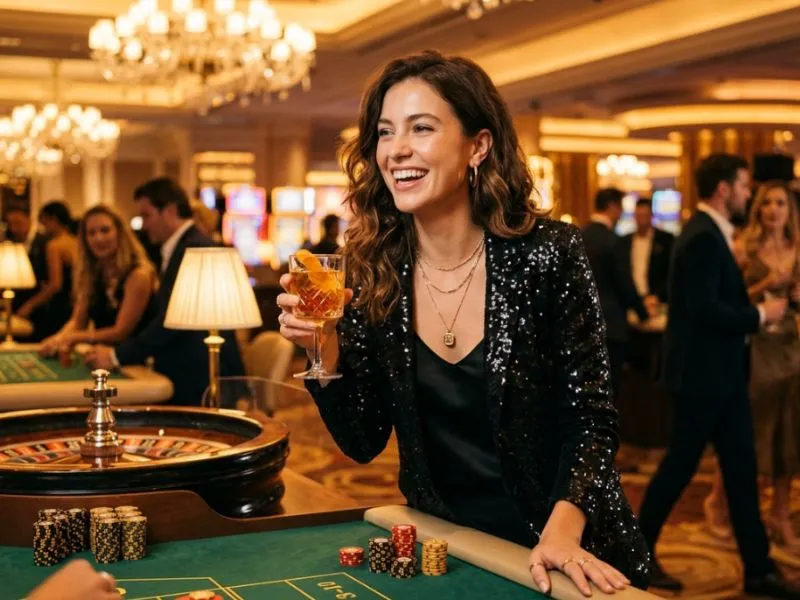 Woman enjoying casino vibes with golden lights, playing slots in super ace free play