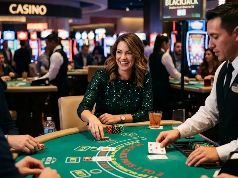Woman playing blackjack happily in a casino with a super ace free play bonus