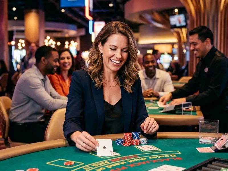 Super Ace Free Play woman playing blackjack happily inside a casino