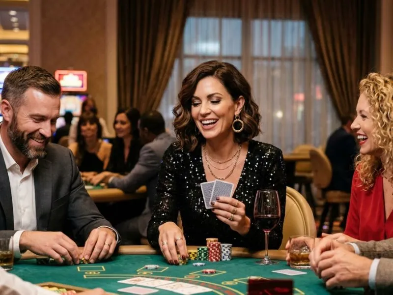 Super Ace Free Play: Woman playing poker with friends in a lively casino setting