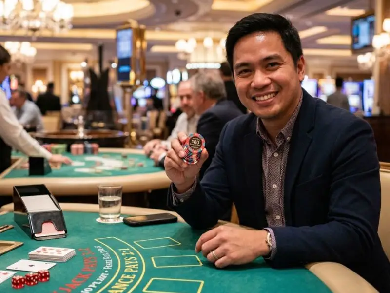 Filipino player holding physical casino chips with SuperAce88 free 100 promotion code