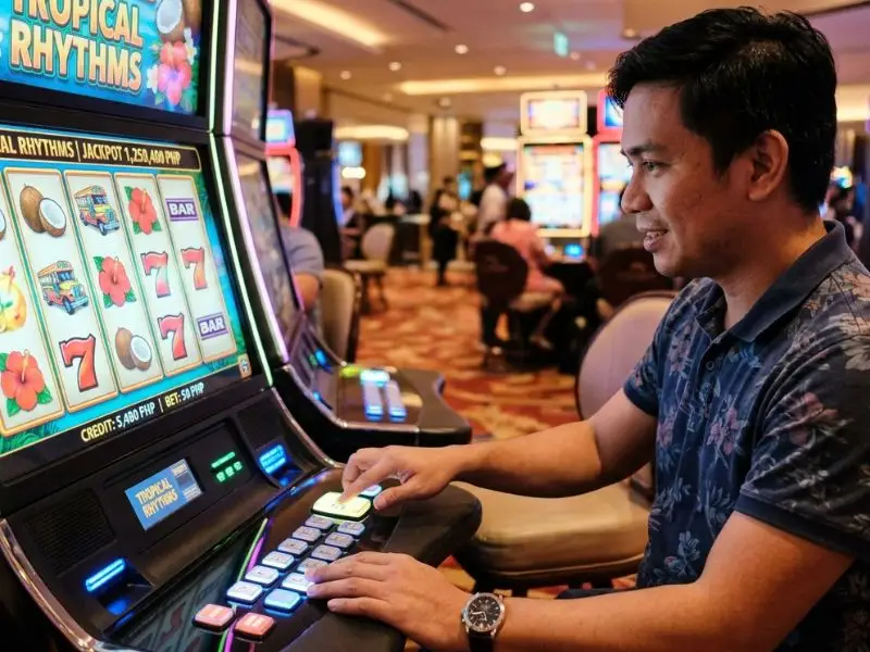 Player enjoying a physical slot machine using superace88 free 100 promotion code
