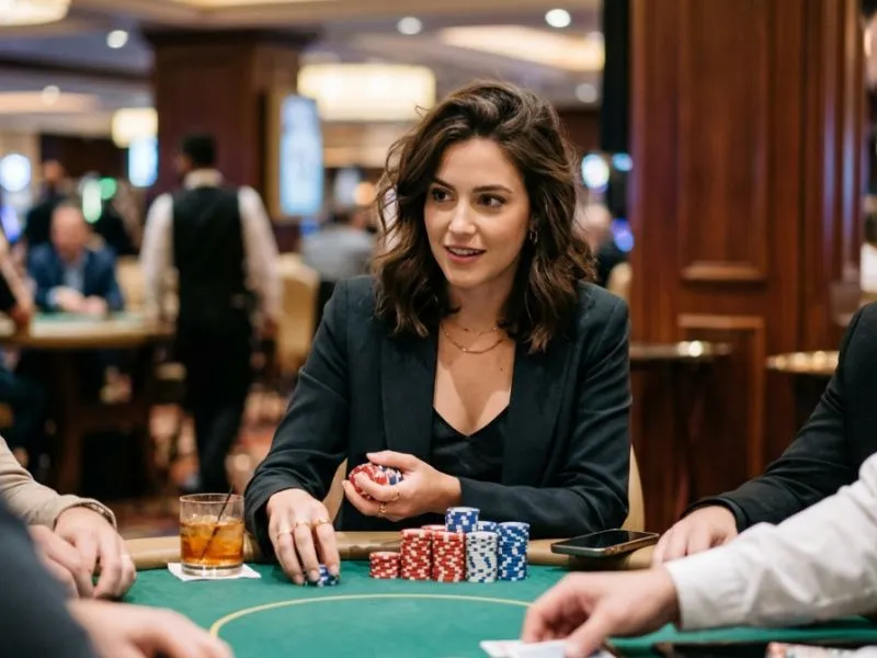 Young lady sitting at poker table with chips, ready to play on SuperPH Casino login